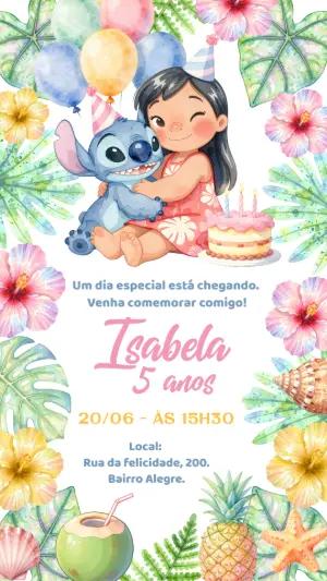 Convite de Aniversário Lilo e Stitch Aquarela para Editar