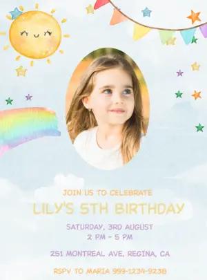 Cute Sunshine & Rainbow Birthday Invitation Editable Template