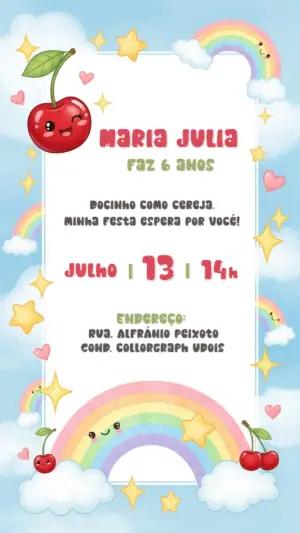 Convite de Aniversário Cereja e Arco-íris para Editar Online