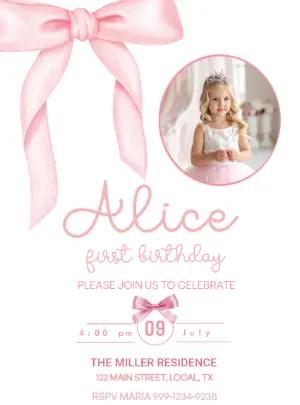 Watercolor Pink Bow First Birthday Invitation | Editable Template