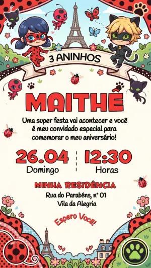 Convite de Aniversário Ladybug e Cat Noir Chibi para Editar