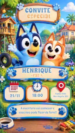 Convite de Aniversário Bluey e Bingo Editável para Festa Infantil
