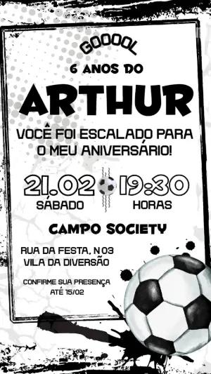 Convite de Aniversário Futebol Preto e Branco Editável