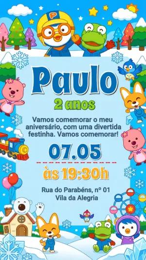 Convite de Aniversário Infantil Pororo na Neve para Editar