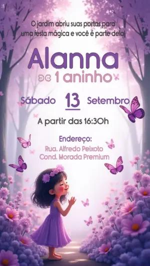 Convite Aniversário Jardim Encantado Roxo para Editar Online