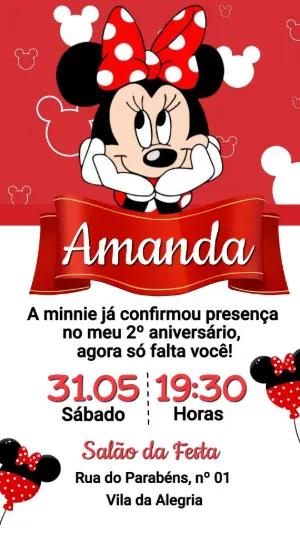 Convite de Aniversário Minnie Vermelha Editável para Menina