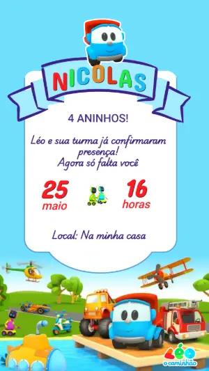 Convite de Aniversário Léo o Caminhão Colorido para Editar