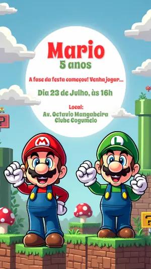 Convite de Aniversário Mario Bros e Luigi para Editar Online