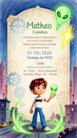 Vídeo Convite de Aniversário Infantil Tema Herói Alien Editável