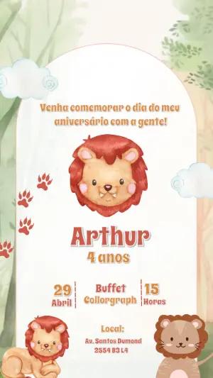Convite Aniversário Leãozinho Aquarela para Editar Online