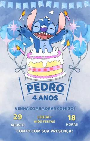 Convite de Aniversário Stitch Aquarela Azul Editável