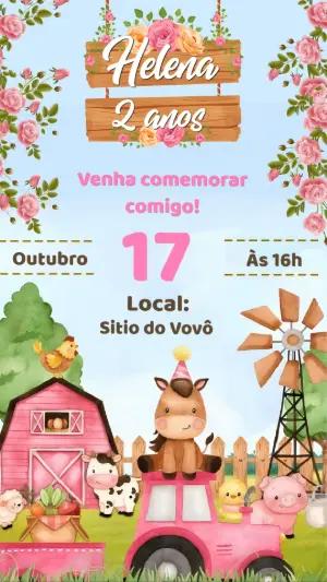Convite Aniversário Fazendinha Menina Aquarela para Editar