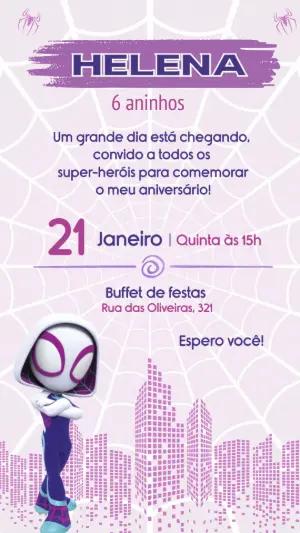 Convite Aniversário Infantil Spider-Gwen Roxo Modelo Editável