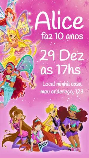 Convite de Aniversário Winx Club Rosa para Editar Online