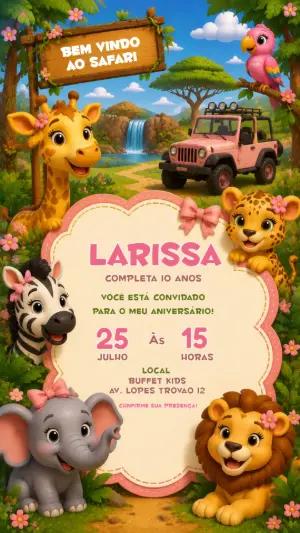 Convite Aniversário Safari Rosa Fofo para Editar Online
