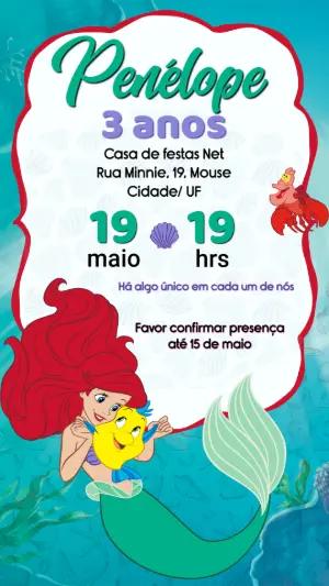 Convite de Aniversário A Pequena Sereia Ariel Editável