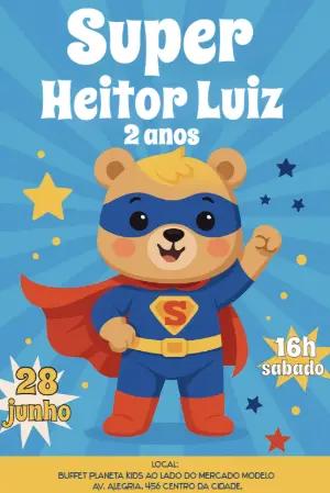 Convite Aniversário Super Herói Urso para Editar Online