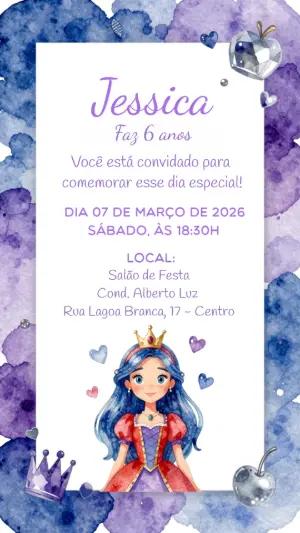Convite de Aniversário Princesa Aquarela Roxo para Editar