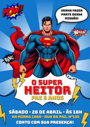 Convite de Aniversário Super Homem Estilo Quadrinhos Editável