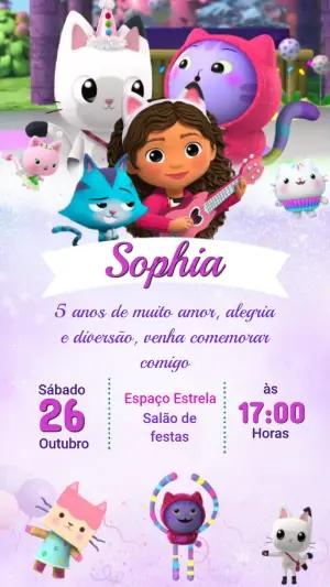 Convite Animado A Casa Mágica da Gabby para Aniversário Editável