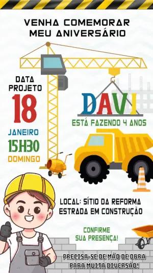Convite Aniversário Construção com Caminhão para Editar Online