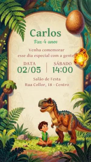 Convite de Aniversário Dinossauro na Selva Modelo Editável