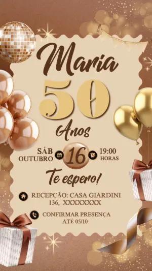 Convite de Aniversário 50 Anos Elegante Dourado Editável