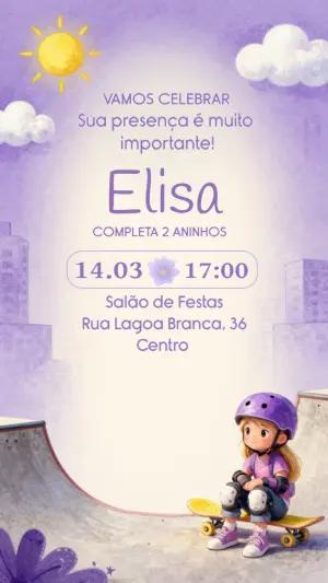 Convite Digital Aniversário Menina Skatista Lilás Editável