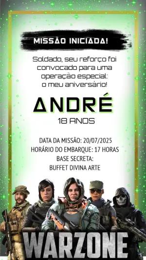 Convite Animado Gamer Warzone: Modelo de Aniversário Editável