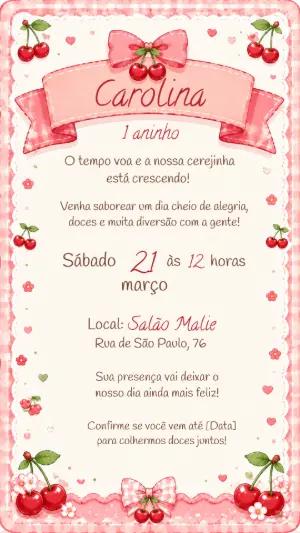 Convite de Aniversário Cerejinha Rosa Editável para Menina