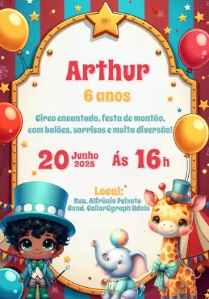 Convite Aniversário Circo com Animais Fofos para Editar Online