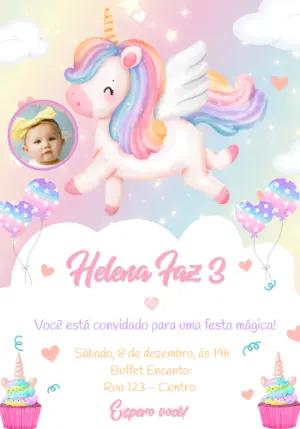 Convite de Aniversário Unicórnio Fofo em Aquarela para Editar