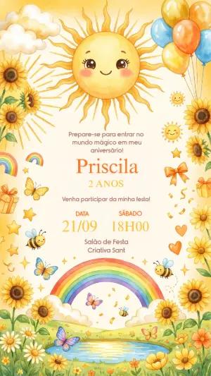 Convite de Aniversário Sol e Girassol em Aquarela para Editar
