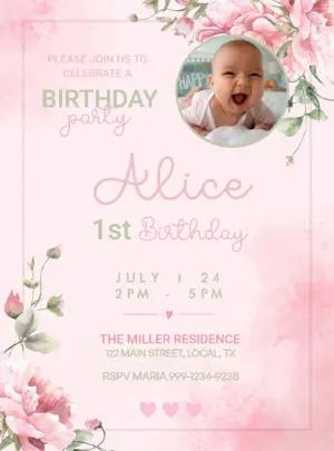Floral Watercolor 1st Birthday Invitation Editable Template