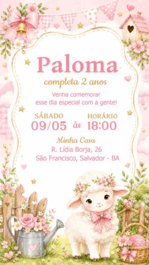 Convite de Aniversário Ovelhinha Rosa Aquarela para Editar
