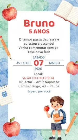 Convite de Aniversário Infantil Tema Escolar Aquarela Editável