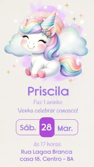 Convite de Aniversário Unicórnio Fofo Aquarela para Editar