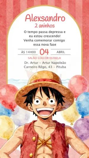 Convite de Aniversário One Piece com Luffy Modelo Editável