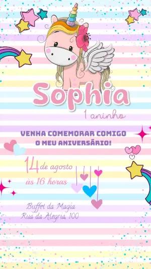 Convite de Aniversário Unicórnio Fofo Editável