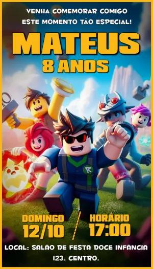 Convite de Aniversário Roblox com Personagens para Editar Online