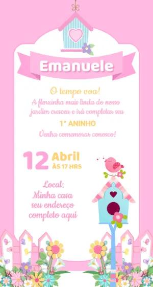 Convite de Aniversário Jardim dos Passarinhos Rosa Editável