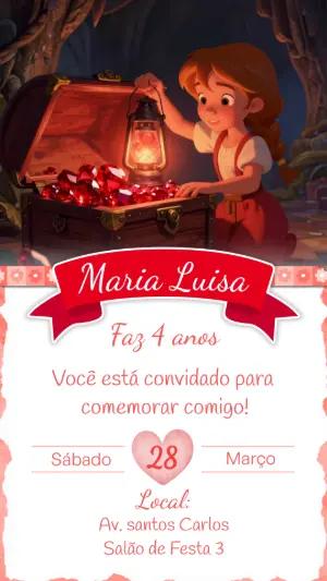 Convite de Aniversário Aventureira Caça ao Tesouro Editável