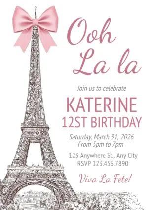 Paris Birthday Invitation with Pink Bow - Editable Digital Template