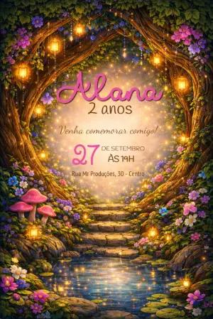 Convite de Aniversário Editável Floresta Encantada com Fadas