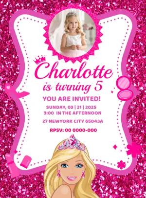 Pink Glitter Princess Birthday Invitation | Editable Template