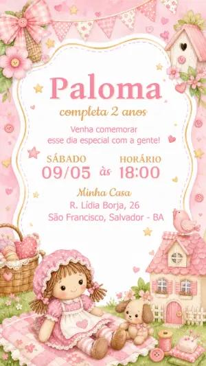 Convite de Aniversário Boneca de Pano Aquarela para Editar