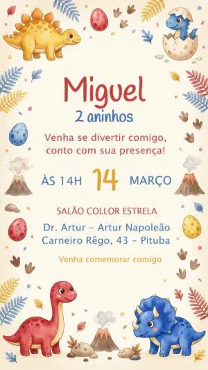 Convite de Aniversário Dinossauro Fofo Aquarela Editável
