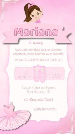 Convite de Aniversário Bailarina Rosa Modelo Editável