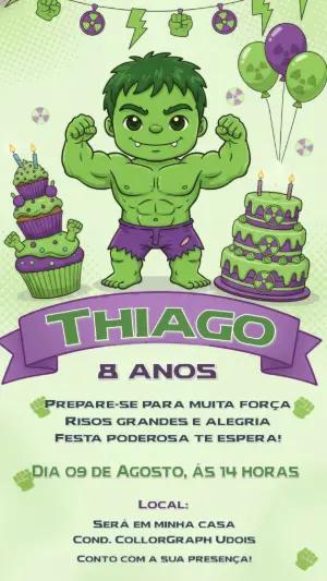 Convite de Aniversário Hulk Infantil Verde e Roxo para Editar