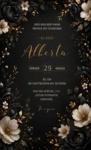 Convite de Aniversário Feminino Floral Preto e Dourado Editável